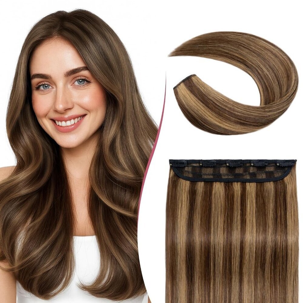 Clip In Hair Extensions Human Hair 8 Inches Medium Brown Dark Blonde Voluminous